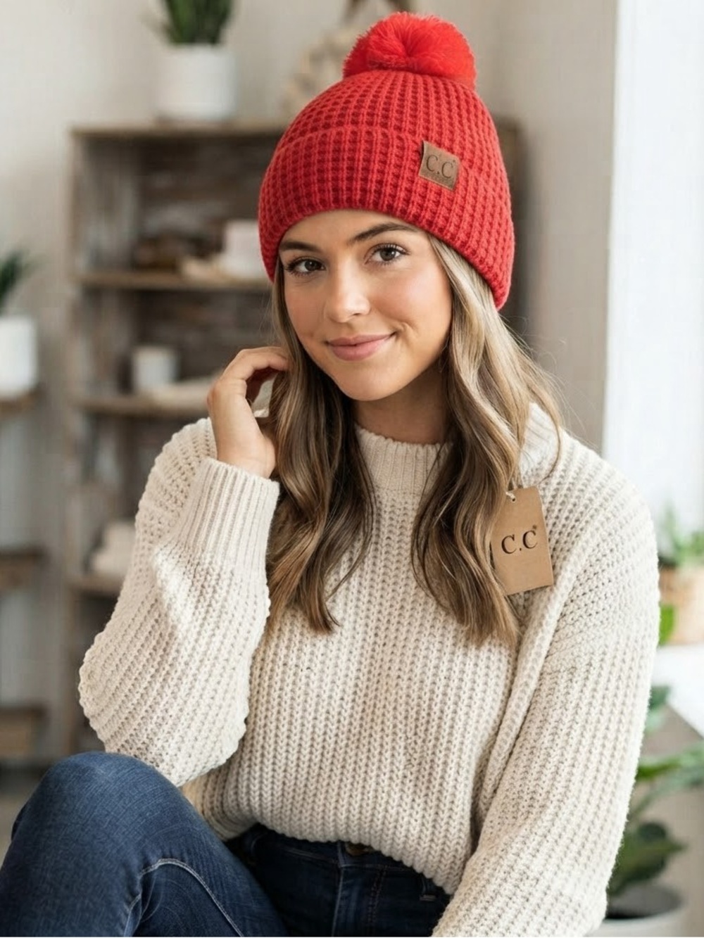 C.C Vibrant Red Knit Pom Pom Hat